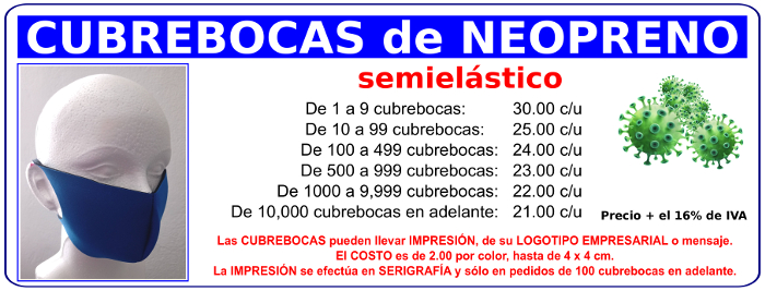 Cubrebocas de Neopreno costos