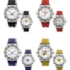 reloj de pulso promocional (relojes publicitarios de pulso) con caja met?lica plateada, correa de pl?stico de alta resistencia, arillo giratorio, maquinaria met?lica japonesa de alta precision, colores: amarillo, nergo, rojo y azul. Incluye estuche met?lico individual.