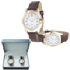 Juego de reloj de pulso, dama y caballero, caja met?lica bi-tonio (dorado - plateado) y correa de piel caf?, maquinaria met?lica japonesa de alta presici?n y fechador. Incluye: estuche de lujo.